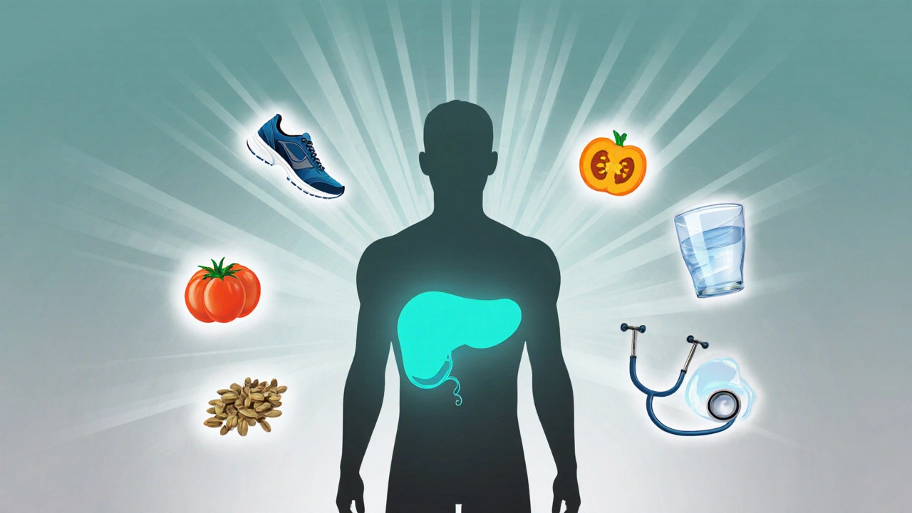Kompozice zdravých potravin, cvičení a vody zdůrazňující péči o prostatu.