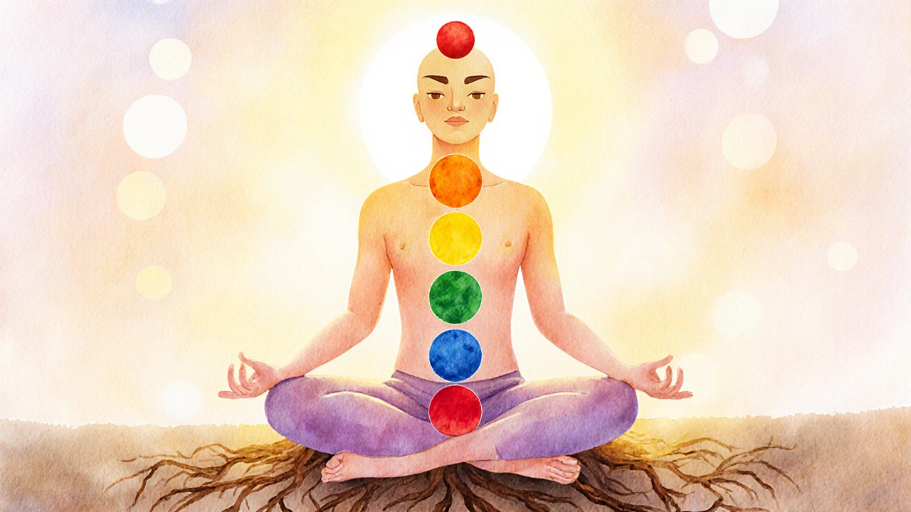 Osoba v meditaci s čakrami, kořeny a zlatým štítem.