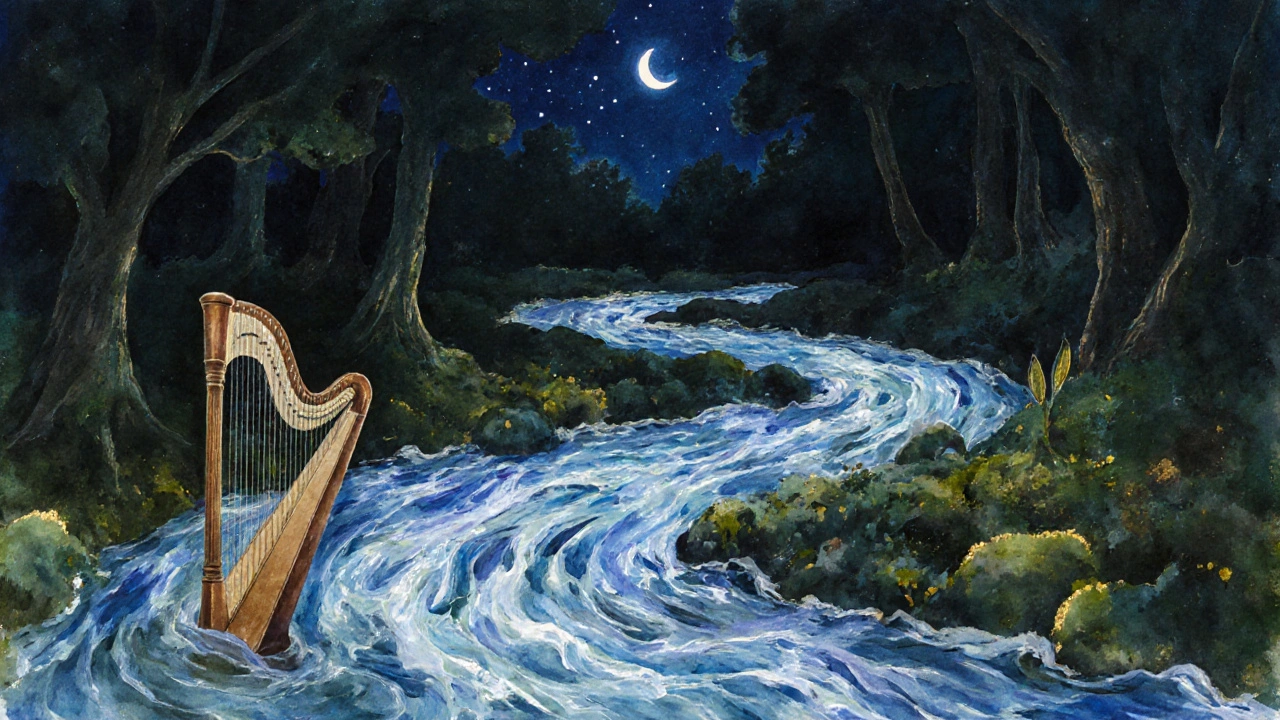 Abstraktní vlny zvuku s přírodními prvky, tekoucí lesním krajinou pod hvězdnou oblohou.