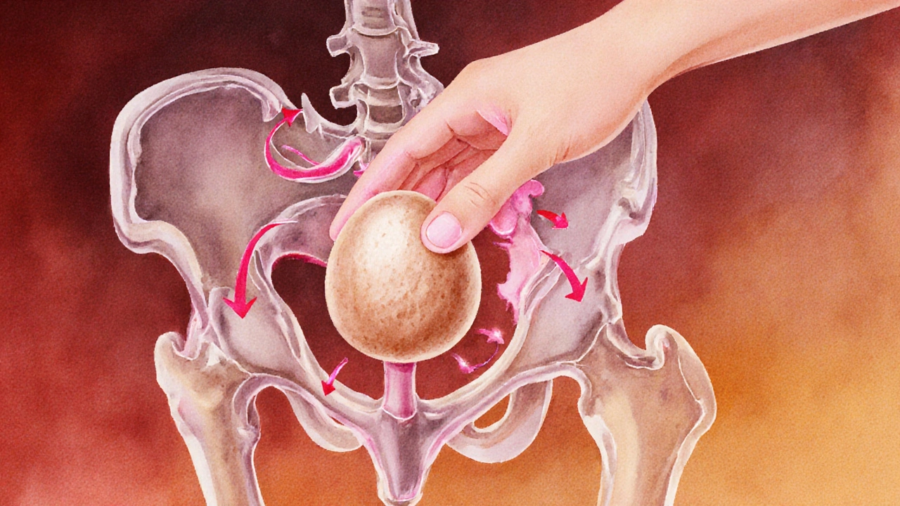 Anatomická ilustrace prostaty jako vlašského ořechu s krevním oběhem.