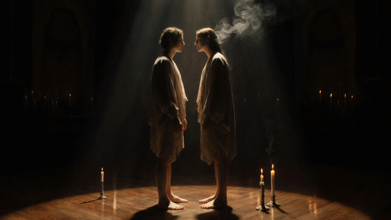 Dva lidé stojí náhý, bez doteku, jen se podívají do očí, v klidném, světle osvětleném prostoru.