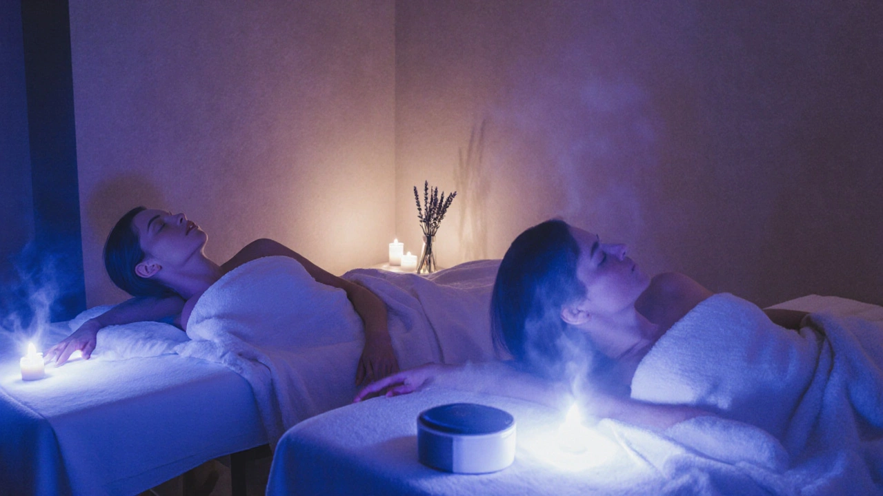 Dva lidé v tiché spa místnosti dýchají synchronizovaně, jejich ruce se téměř dotýkají na okraji postelí.