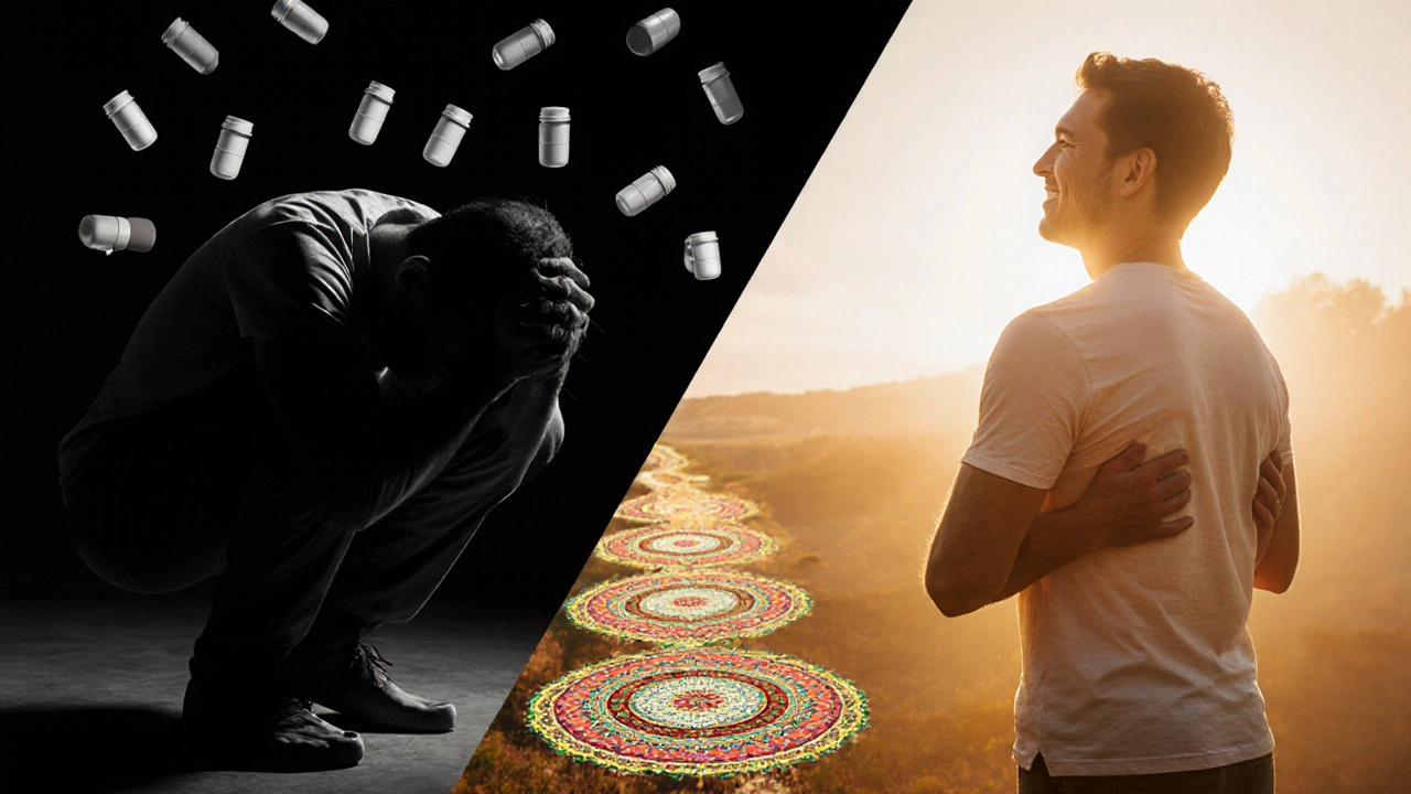 Dvě části obrázku: jedna ukazuje bolest, druhá uvolnění – spojené cestou transformace.