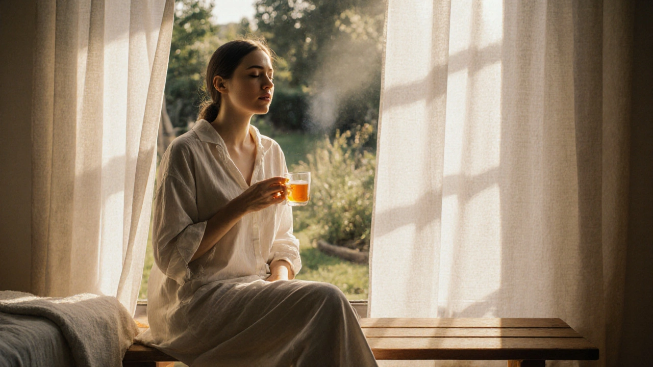 Osoba po seanci sedí v klidu s šálkem čaje a slunečním světlem na obličeji.