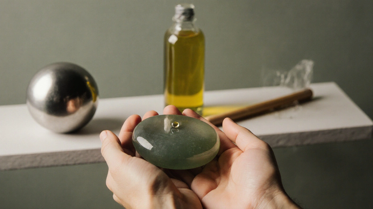 Ruce drží recyklovaný skleněný kámen s kapkou oleje, za ním další ekologické nástroje.