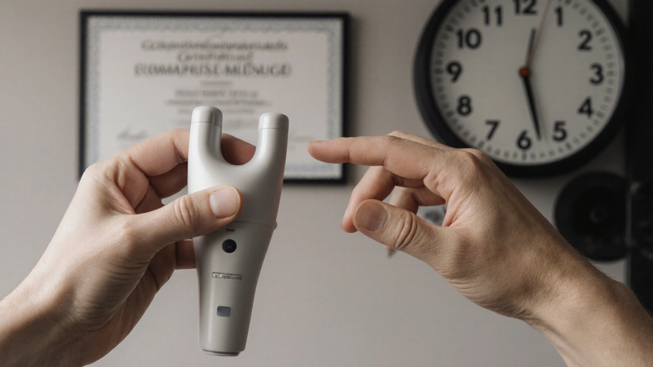 Ruka maséra vedle technologického zařízení – lidský dotyk nad strojem.