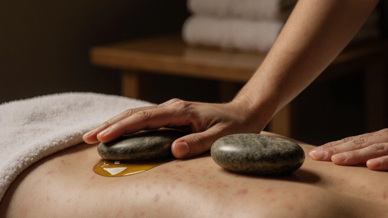 Ruka maséře položená na teplém kameni na zádech s jemným leskem masážního oleje.