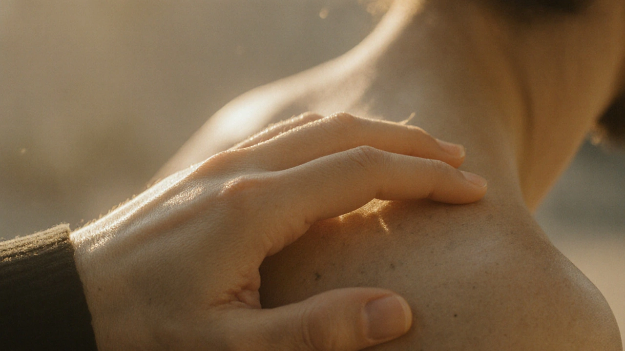 Ruka pomalu dotýká ramene, světlo se šíří po kůži, jako by se tělo začínalo uvolňovat.