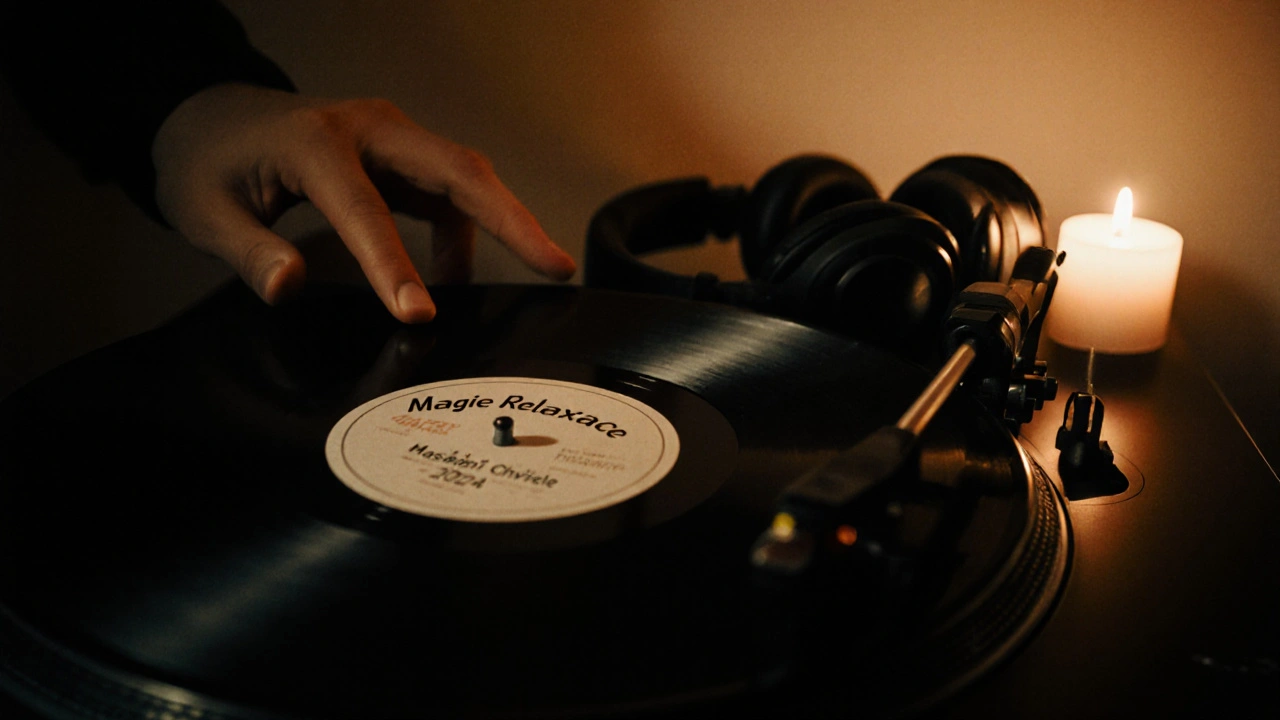Rukou ukládaná deska s názvem 'Magie Relaxace' na gramofonu v klidném prostředí se svíčkami.