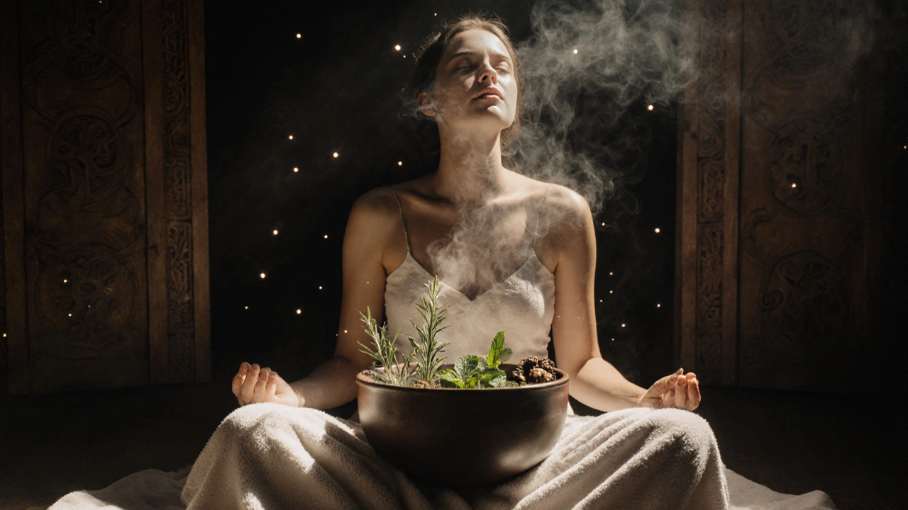 Žena sedí nad parou bylin, pokrytá ručníkem, v klidu přijímá teplo a hojení.