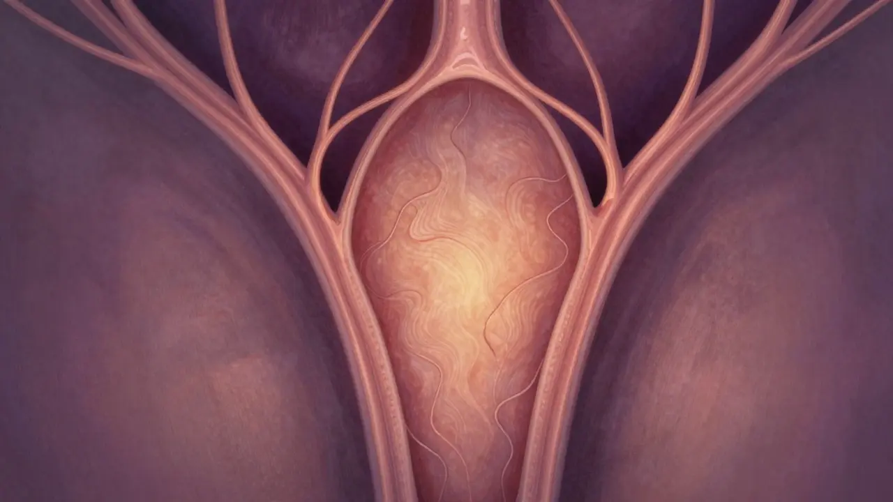 Abstraktní znázornění přední stěny vagíny s jemně zvýšenou, zářící oblastí a nervovými cestami.