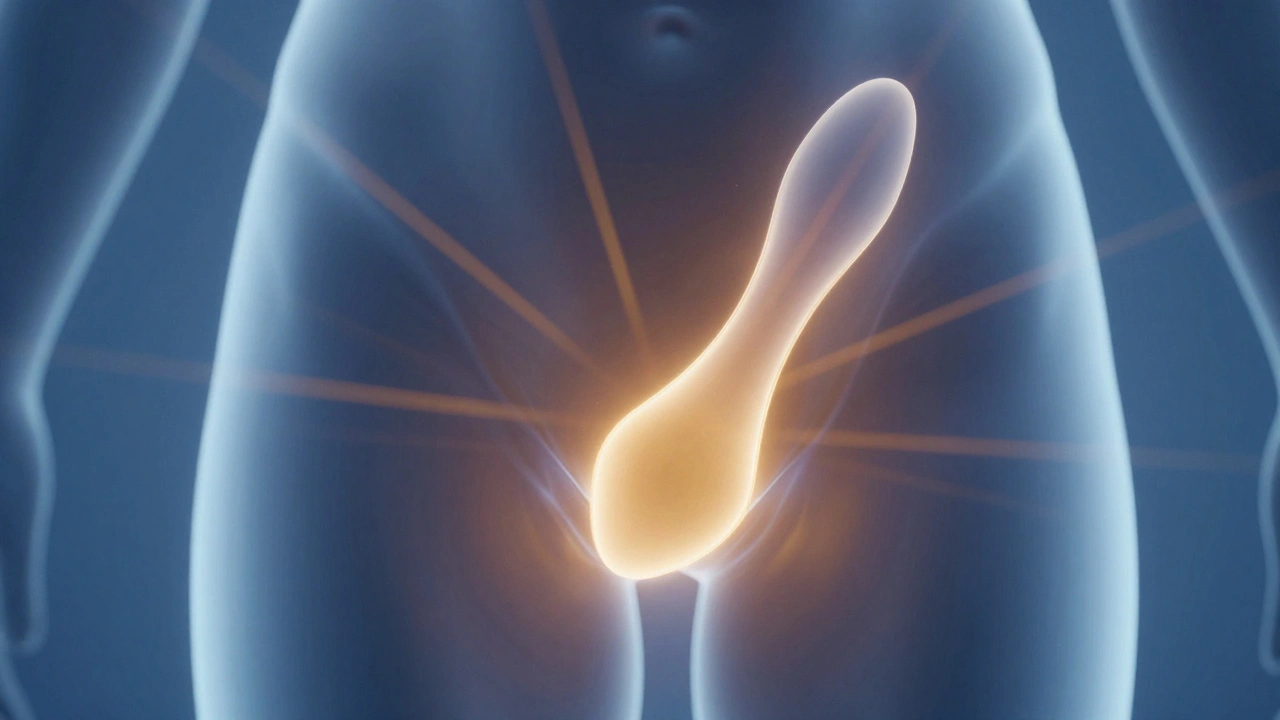 Abstraktní znázornění prostaty stimulované masážérům s průtokem energie.