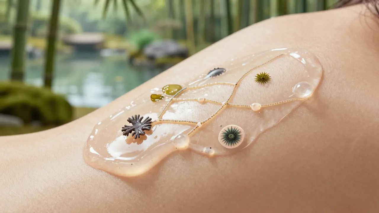 Detail kluzkého gelu na kůži s mikroskopickými prvky mořských řas a jemným zábleskem světla.