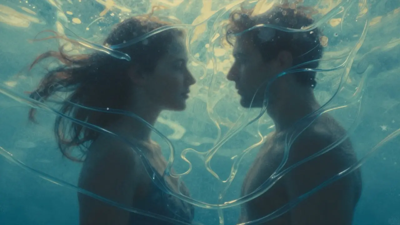 Dvě postavy se slévají do jedné fluidní formy, obklopené průhlednými proudy gelu.