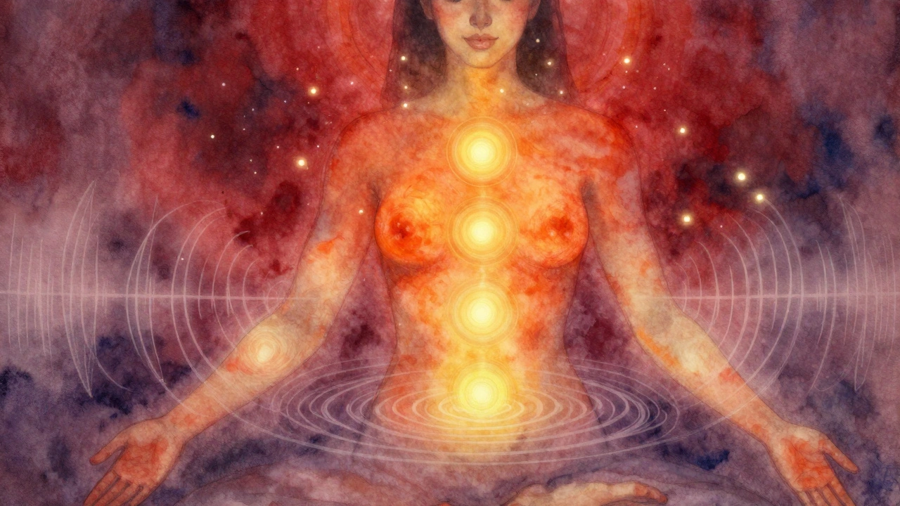 Energetická centra těla září, zatímco zvukové vlny vyjadřují emocionální uvolnění.
