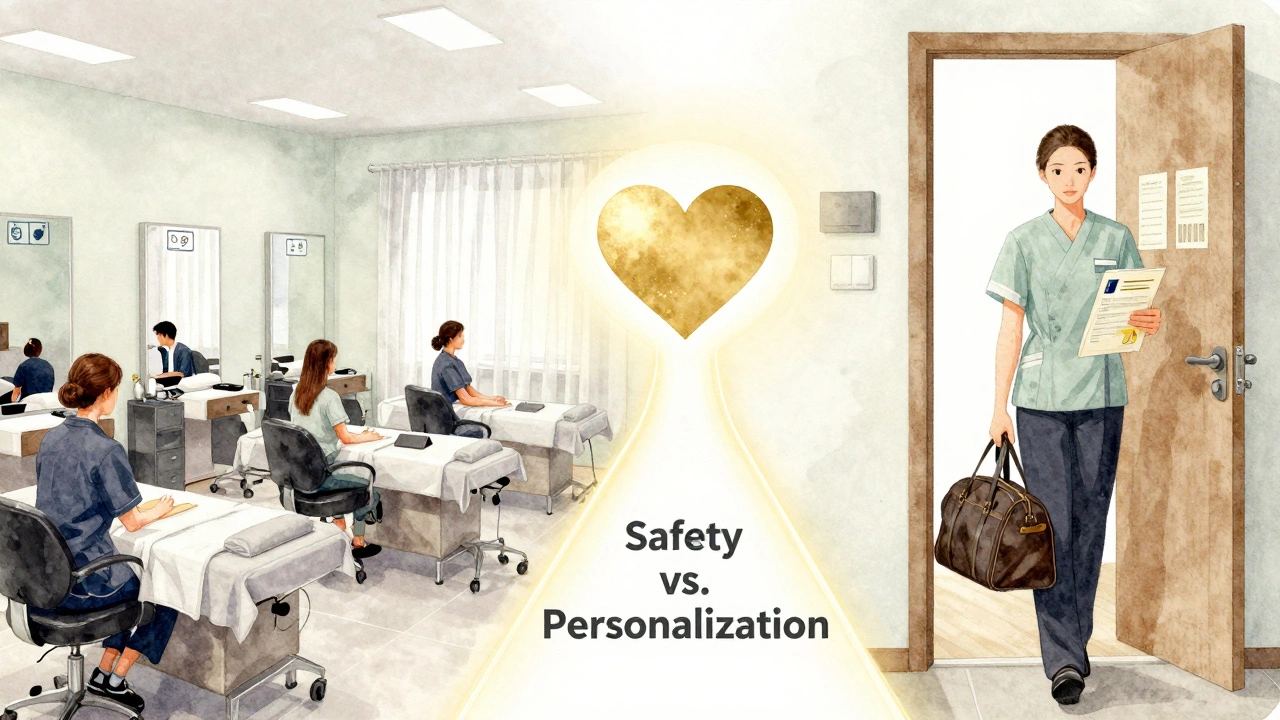 Konceptuální obrázek srovnávající salonovou strukturu a privátní přístup s cestou k bezpečí a personalizaci.