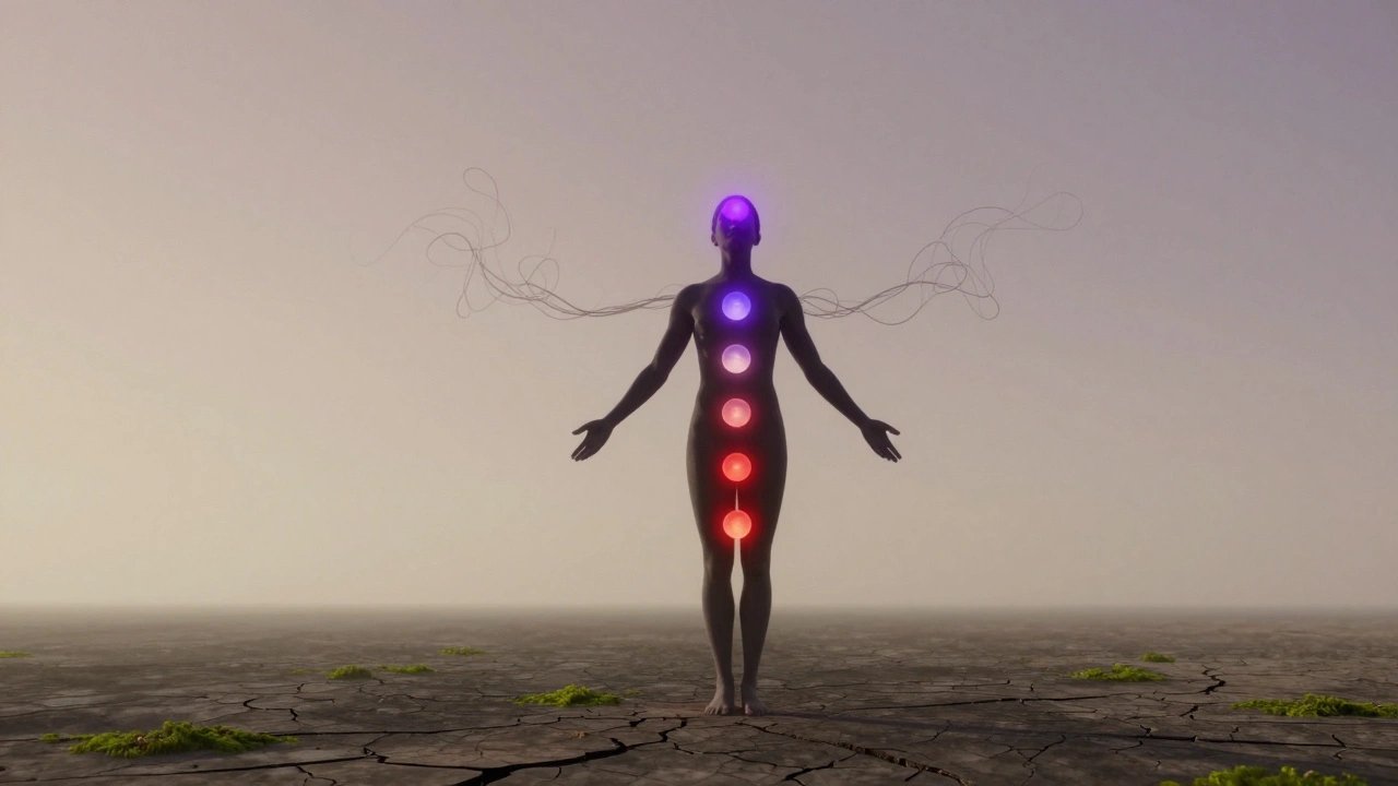 Lidská silueta s sedmi zářícími koulemi podél páteře, symbolizující čakry, v klidném prostoru.