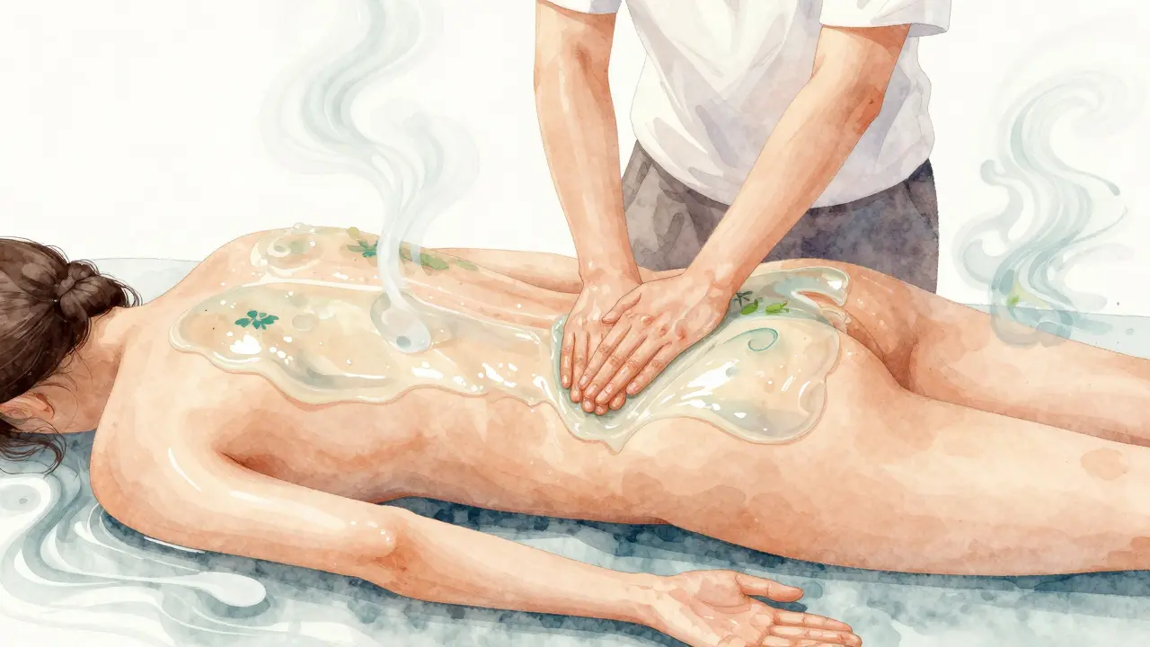 Masér klouže tělem po těle klienta v plynulém pohybu, bez použití rukou, v klidném prostředí.