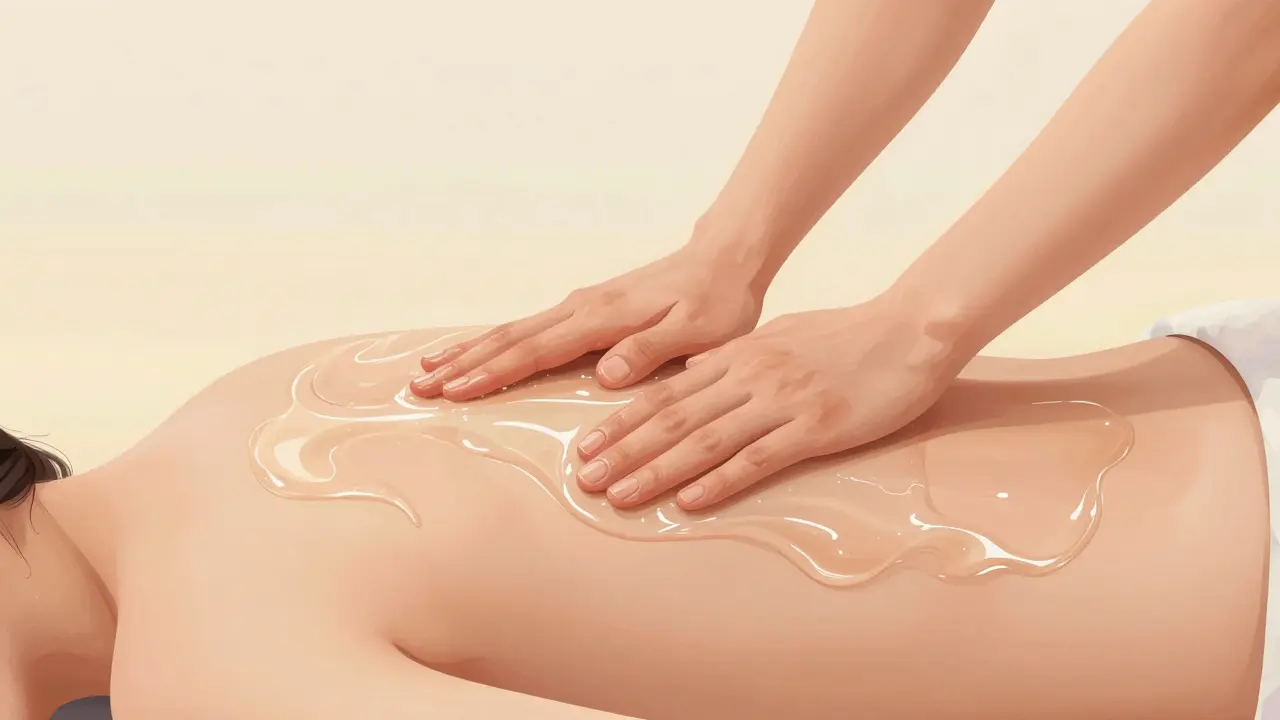 Ruce jemně klouzají po zádech partnera, gel vytváří plynulý kontakt kůže na kůži.