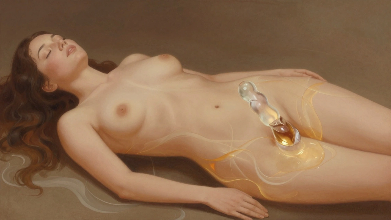 Skleněný dildo je jemně vloženo, zatímco energie proudí kolem břicha a stehen.