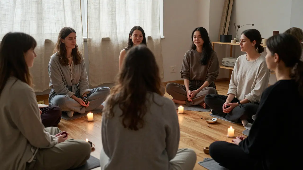 Skupina žen v klidném kruhu v studiovém prostoru, každá v klidu, některé se dotýkají svého těla.