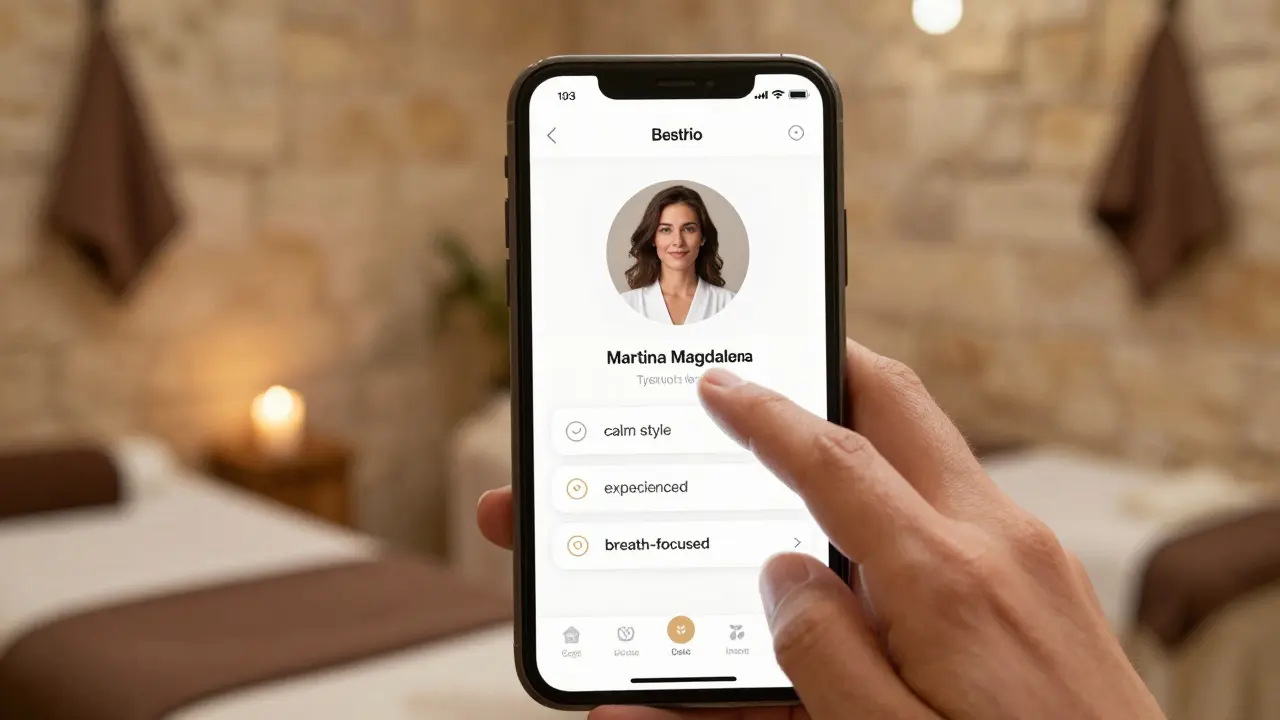 Chytrý telefon s filtrem pro výběr masérky podle stylu a přístupu.