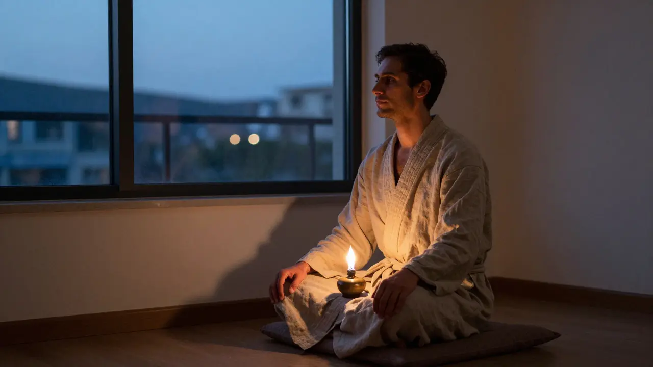 Muž po tantrické masáži, sedí v klidu, oblečený v plátně, s klidným výrazem tváře při západu slunce.