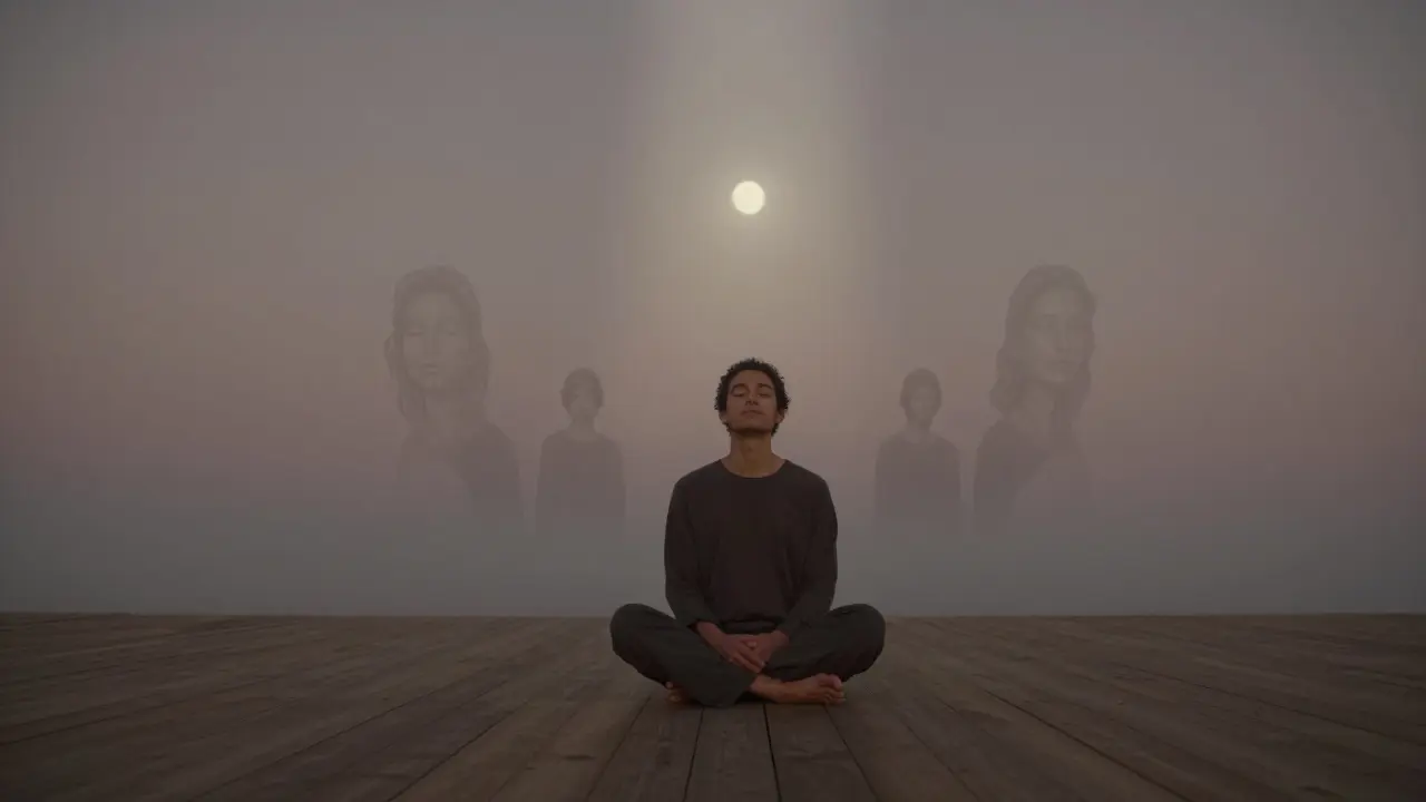 Postava sedí v klidu při soumraku, pohlcená vlastní přítomností.