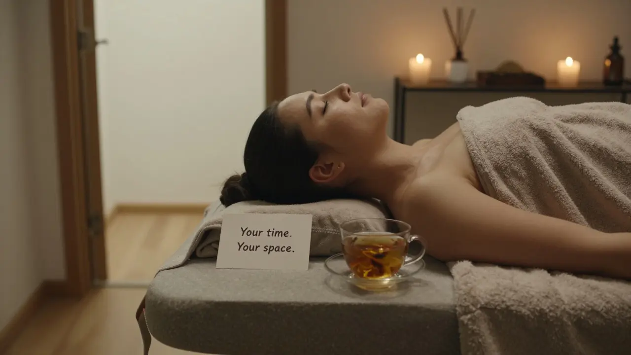 Relaxující okamžik po tantrické masáži s teplým kamenem a čajem.