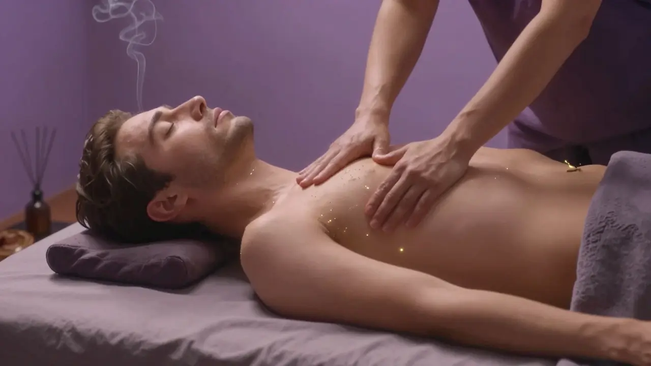 Tantrická masáž: muž leží na posteli, masérka se dotýká jeho těla jemnými pohyby, bez sexuálního zaměření.