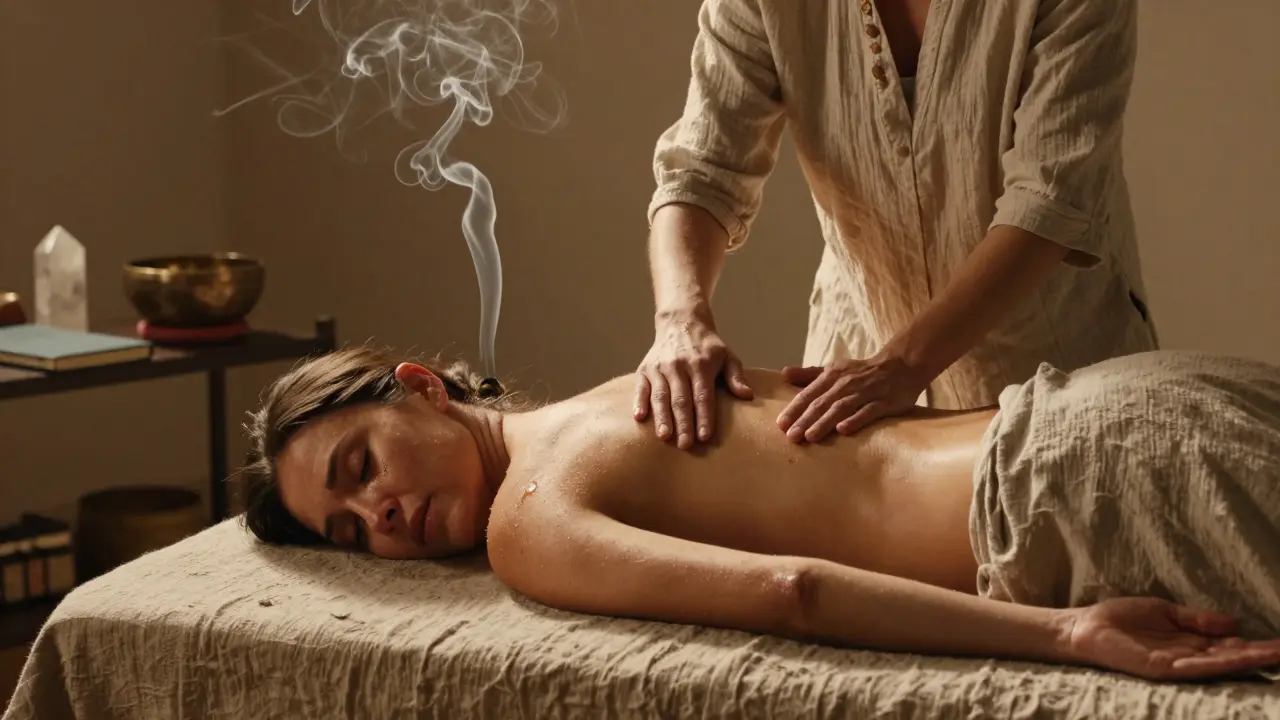 Terapeutka jemně masíruje ženě pánev, ta leží s otevřenýma očima, pláče z uvolnění, ve spojení s energií.