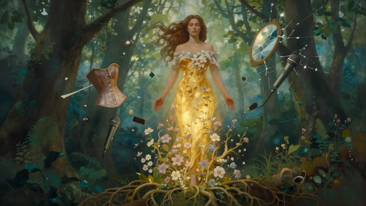 Žena se slévá s přírodou, její tělo září zlatem, kolem ní padají symboly stresu.