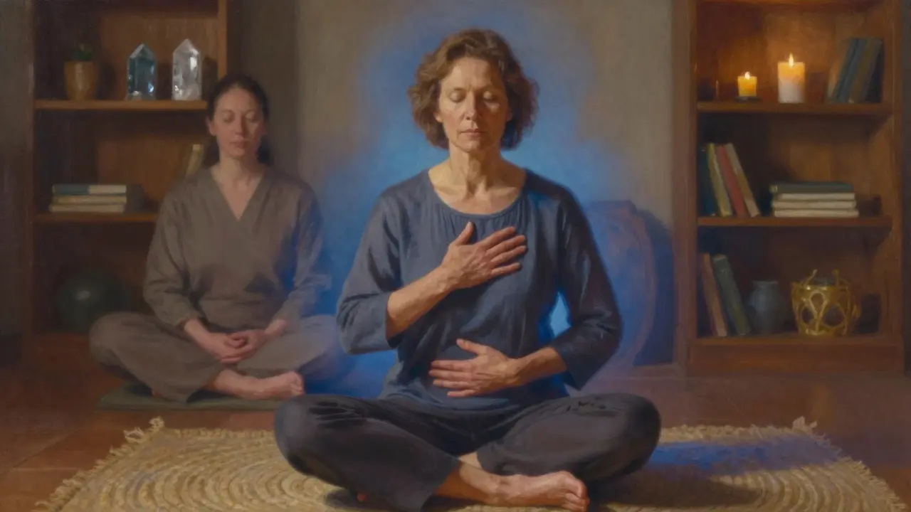 Žena sedí v meditaci, obklopena jemným světlem, terapeut sedí tichý v pozadí bez doteku.