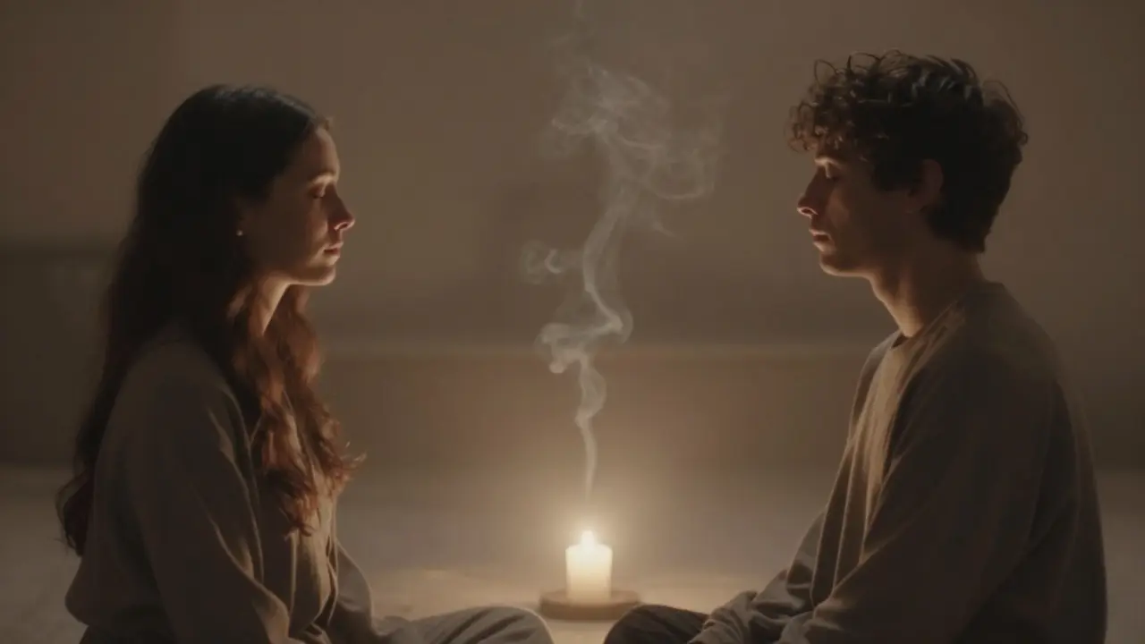 Dva lidé sedí čelem k sobě a dýchají společně v klidném, osvětleném prostředí.