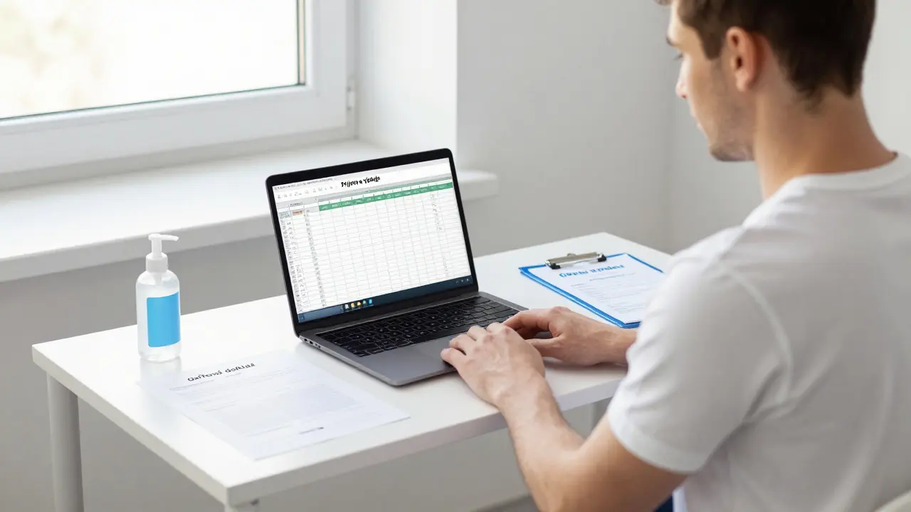 Praktikant tantrické masáže vede účetnictví na počítači s daňovými doklady a pojištěním na stole.