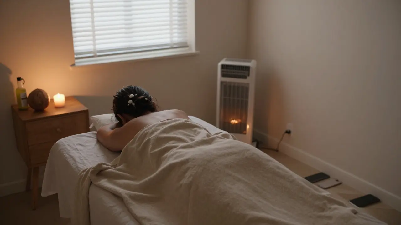 Prázdná místnost po masáži: svíčka, olej a zapnuté topení — klid a přítomnost po hlubokém spojení.