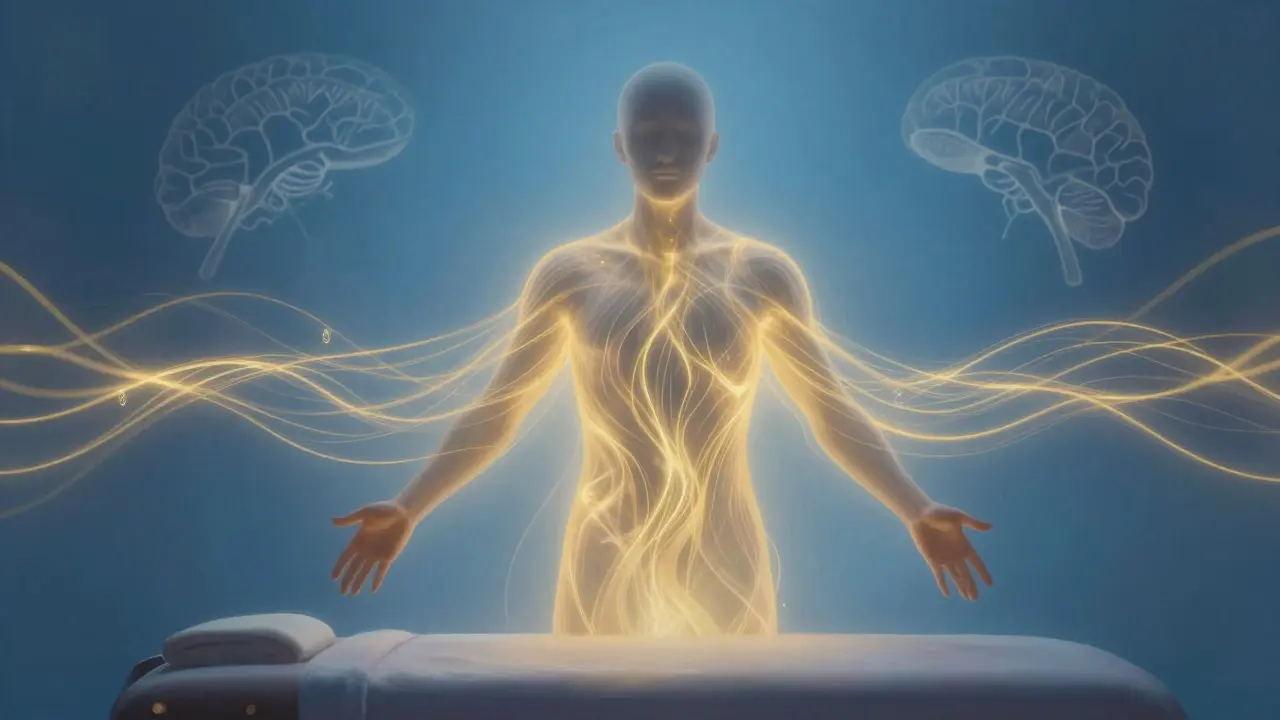 Abstraktní znázornění energie proudící tělem po hluboké relaxaci.