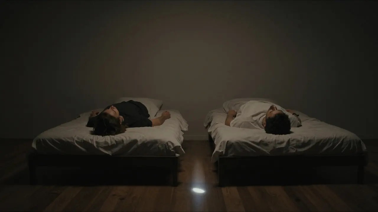 Dva lidé leží vedle sebe v temnotě, oči zavřené, ne dotýkají se, jen spolu dýchají v tichém, měsíčně osvětleném pokoji.