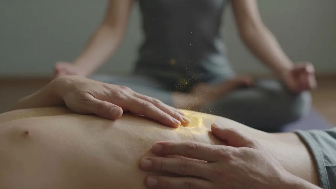 Dvě ruce jemně dotýkají těla, zlaté částice symbolizují proudění energie, pozadí je rozmazané.