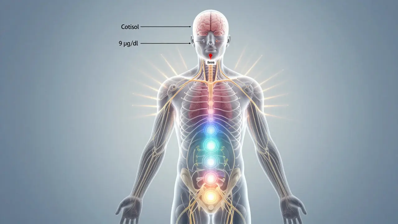 Průhledný lidský tělo s vyznačenými energetickými centry a snižujícím se kortizolem během tantrické masáže.