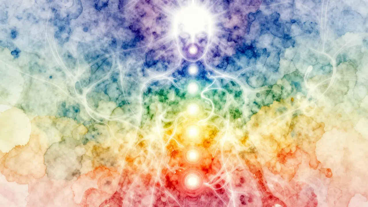Sedm energetických center těla jako jemně svítící kruhy podél páteře, znázorněná jako průhledná energie.