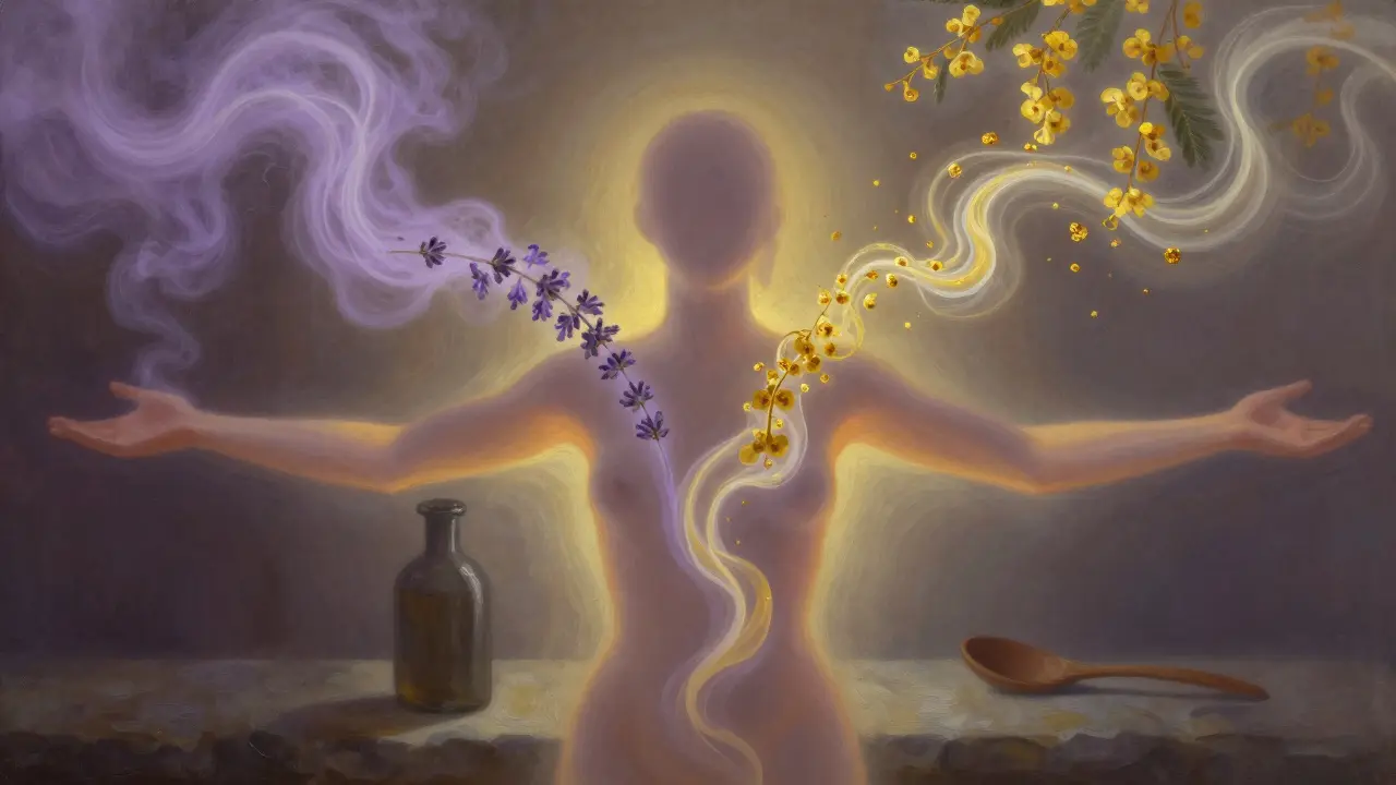 Silueta člověka osvětlená teplým zářivým světlem, z jeho kůže se vinou vůně jako vizuální proužky levandule, vanilky a mimózy.