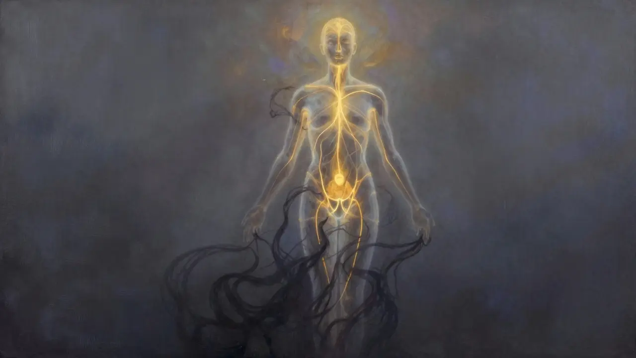 Translucentní postava s zlatými energetickými cestami proudícími od pánve k hlavě, zatímco temné bloky zanikají.