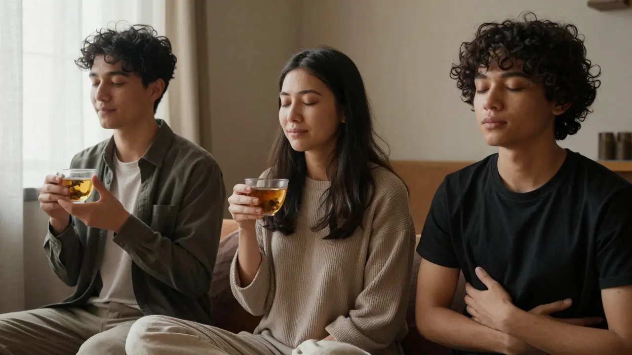 Tři lidé sedí tiše v klidné místnosti po tantrické masáži, každý prožívá klid a vnitřní změnu.