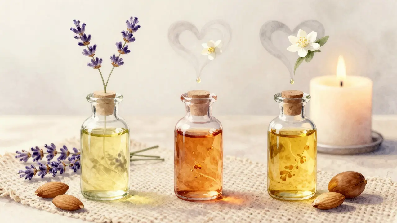 Tři průhledné lahvičky s různými oleji a visícími kapičkami éterických olejů, které tvoří srdcovité obrysy ve vodové malbě.