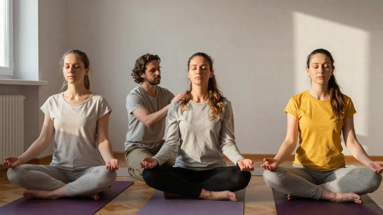 Tři tantrickí maséři v různých fázích vzdělávání: na workshopu, ve supervizi a před zrcadlem.