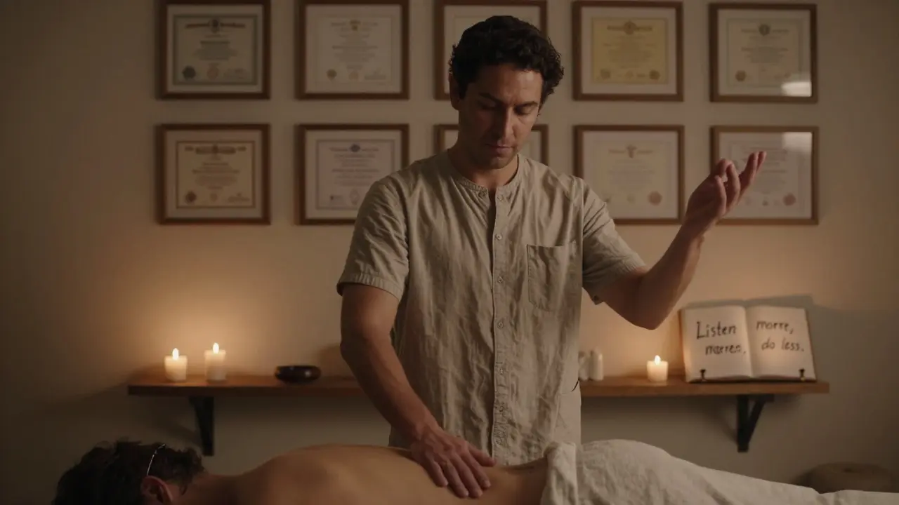 Zkušený masér v tiché místnosti, jedna ruka na pánvi klienta, druhá vznáší se v ovzduší.