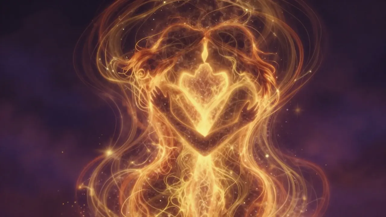 Abstraktní znázornění energetického propojení a zlatého proudu energie mezi partnery.