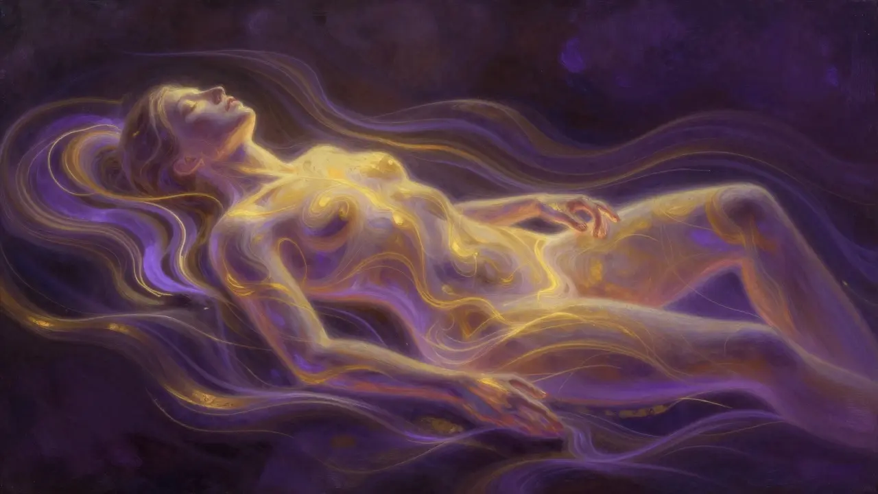 Abstraktní zobrazení energetického proudění a probuzení smyslů v těle.