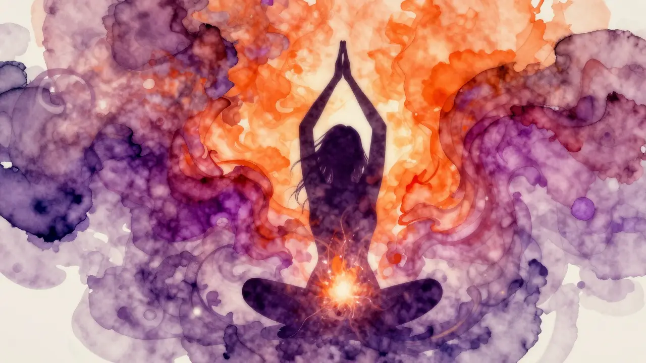 Abstraktní zobrazení uvolnění emocí a energie v oblasti pánve.